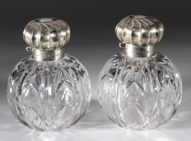 ENGLISH STERLING SILVER AND CUT-GLASS COLOGNE / PERFUME BOTTLES, PAIR