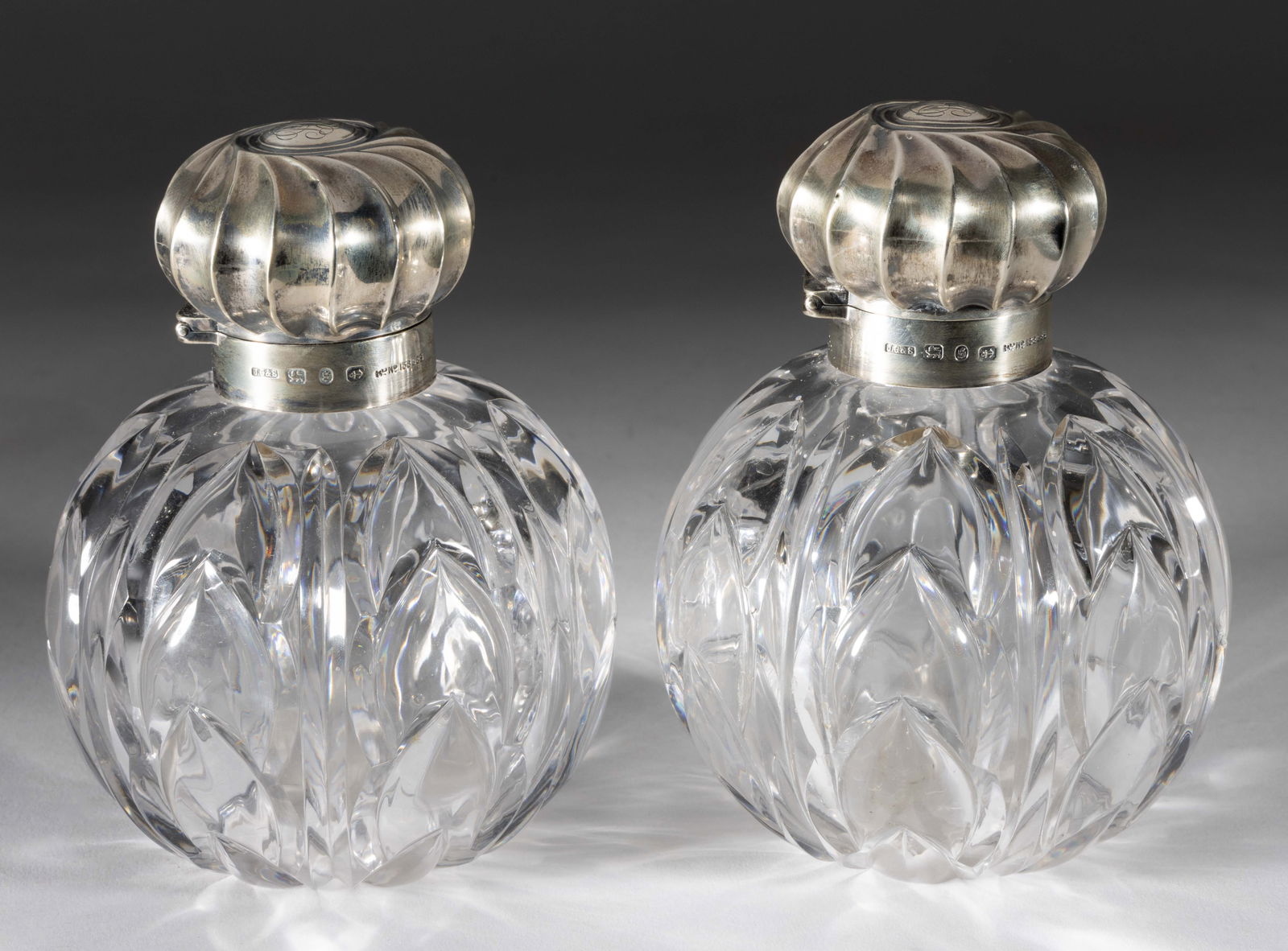 ENGLISH STERLING SILVER AND CUT-GLASS COLOGNE / PERFUME BOTTLES, PAIR (1 of 2)