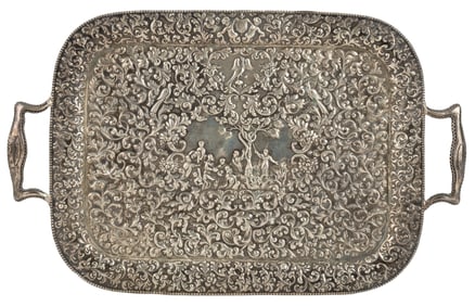 DUTCH RELIGIOUS SCENE REPOUSSE AND CHASED 0.833 SILVER TRAY