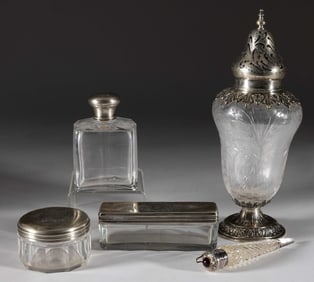 FRENCH 0.800 / 0.950 SILVER AND OTHER STERLING SILVER AND CUT-GLASS ARTICLES, LOT OF FIVE