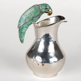 EMILIA CASTILLO, TAXCO, MEXICAN SILVER-PLATED CREAMER / DIMINUTIVE PITCHER WITH FIGURAL BIRD HANDLE