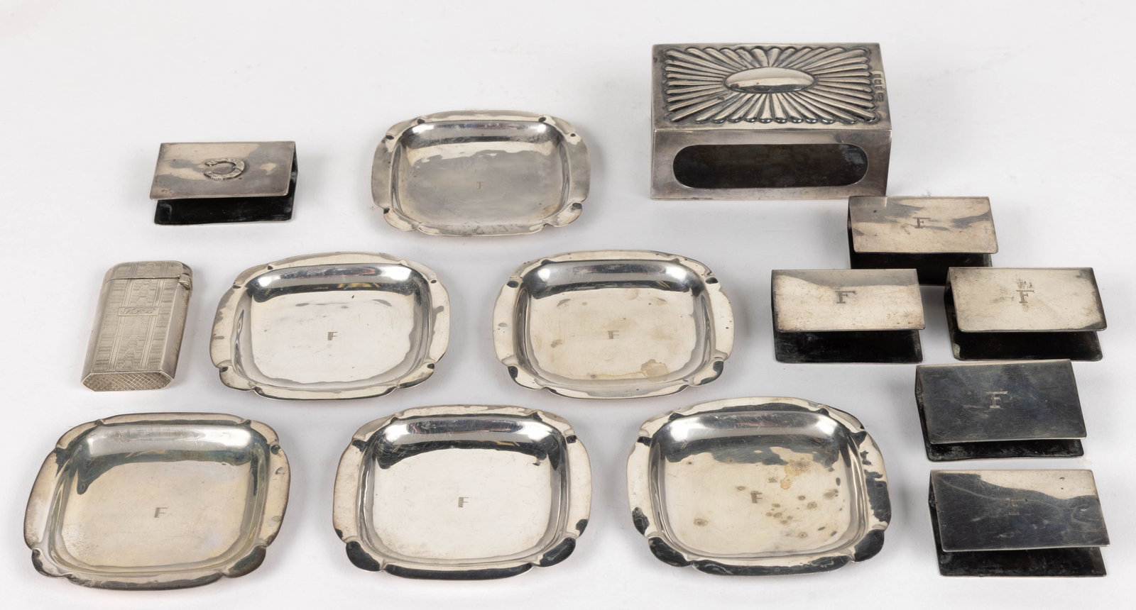 ASSORTED STERLING SILVER AND OTHER SMOKING ARTICLES, LOT OF 14: ASSORTED STERLING SILVER AND OTHER SMOKING ARTICLES, LOT OF 14, comprising a large English sterling matchbox holder by A. & J. Zimmerman Ltd. of Birmingham with 1903 date mark, an unmarked si