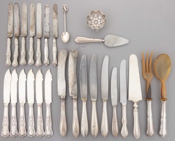 ASSORTED STERLING, 0.800 SILVER, SILVER-PLATED, AND POSSIBLY OTHER FLATWARE AND ARTICLES, LOT OF 26