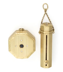 ANTIQUE / VINTAGE TIFFANY & CO. ART DECO 14K YELLOW GOLD AND DIAMOND MAKEUP COMPACT AND LIPSTICK