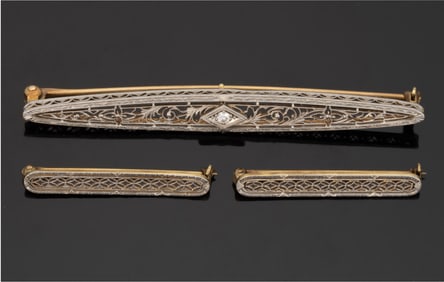 ANTIQUE / VINTAGE ART DECO 14K GOLD FILIGREE BAR PINS / BROOCHES, LOT OF THREE