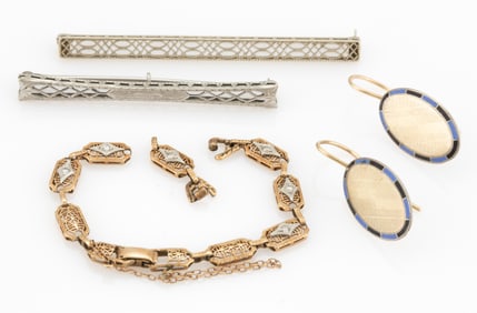 ANTIQUE / VINTAGE ART DECO 10K AND 14K GOLD AND SILVER JEWELRY, LOT OF FIVE PIECES