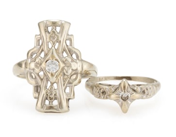 VINTAGE ART DECO 14K WHITE GOLD AND DIAMOND LADY'S RINGS, LOT OF TWO