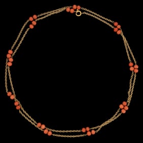 VINTAGE 14K YELLOW GOLD AND CORAL / CORAL-TYPE BEADED NECKLACE