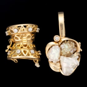 VINTAGE 14K YELLOW GOLD AND DIAMOND NECKLACE / BRACELET CLASPS, LOT OF TWO