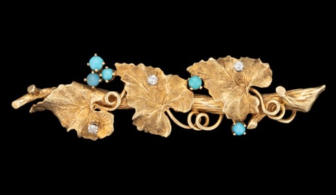 VINTAGE 14K YELLOW GOLD, DIAMOND, AND TURQUOISE-TYPE FOLIATE FIGURAL BROOCH