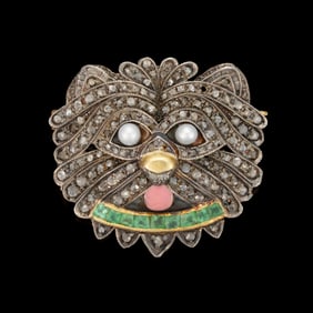 CONTEMPORARY 14K YELLOW GOLD-ACCENTED, STERLING SILVER, DIAMOND, AND EMERALD DOG FIGURAL BROOCH /