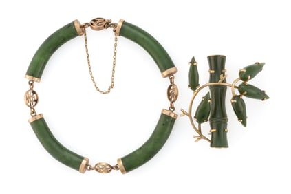 VINTAGE / CONTEMPORARY 14K YELLOW / ROSE GOLD AND JADE JEWELRY, LOT OF TWO