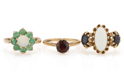 VINTAGE AND CONTEMPORARY BRITISH 9K YELLOW GOLD AND STONE LADY'S RINGS, LOT OF THREE