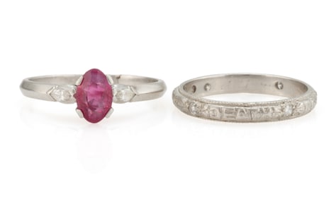 VINTAGE PLATINUM AND GEMSTONE LADY'S RINGS, LOT OF TWO