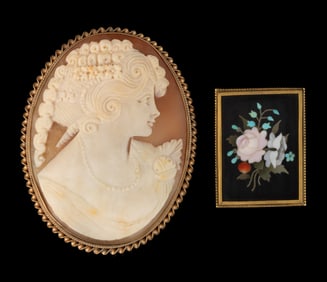 ANTIQUE AND VINTAGE 9K AND 14K GOLD FRAMED BROOCHES, LOT OF TWO