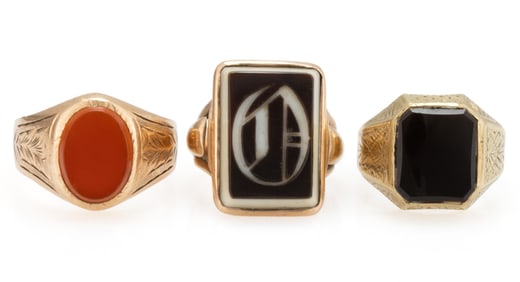 ANTIQUE AND VINTAGE 10K AND 14K GOLD AND STONE MEN'S RINGS, LOT OF THREE