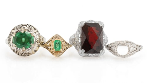 ANTIQUE / VINTAGE 14K GOLD AND STONE FILIGREE LADY'S RINGS, LOT OF FOUR