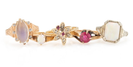 ANTIQUE / VINTAGE 10K AND 14K GOLD AND STONE / OTHER LADY'S RINGS, LOT OF FIVE