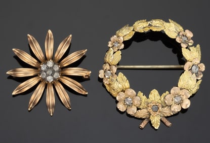 ANTIQUE / VINTAGE 10K AND 14K GOLD AND DIAMOND FOLIATE FIGURAL BROOCHES, LOT OF TWO