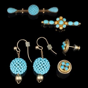 ANTIQUE / VINTAGE 9K TO 14K-18K YELLOW GOLD AND TURQUOISE / TURQUOISE-LIKE JEWELRY, LOT OF SIX