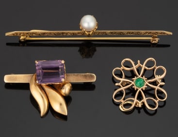 ANTIQUE / VINTAGE 10K AND 14K GOLD AND STONE / PEARL BROOCHES / PINS, LOT OF THREE