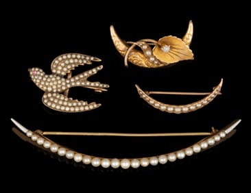 ANTIQUE / VINTAGE 9K, 10K, AND 14K YELLOW GOLD AND PEARL / PEARL-TYPE BROOCHES / PINS, LOT OF FOUR