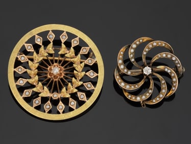 ANTIQUE 10K AND 10K-14K GOLD AND PEARL BROOCHES, LOT OF TWO