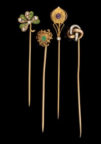 ANTIQUE / VINTAGE 10K AND 14K YELLOW GOLD STICK PINS, LOT OF FOUR