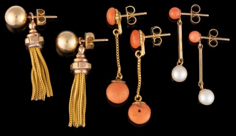 ANTIQUE / VINTAGE 9K TO 18K GOLD DROP EARRINGS, THREE PAIRS