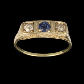 ANTIQUE 14K YELLOW GOLD, DIAMOND, AND SAPPHIRE LADY'S RING