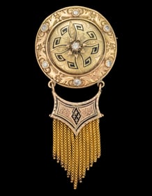 VICTORIAN / ANTIQUE 14K YELLOW AND ROSE GOLD, DIAMOND, AND ENAMEL BROOCH