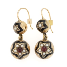 VICTORIAN / ANTIQUE 14K YELLOW GOLD, ENAMEL, PEARL, AND GLASS DROP EARRINGS, PAIR