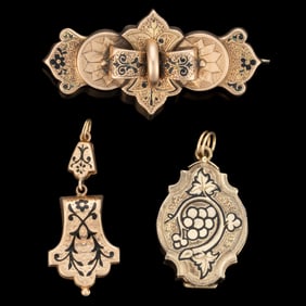 VICTORIAN / ANTIQUE 10K AND 18K YELLOW GOLD AND ENAMEL JEWELRY, LOT OF THREE