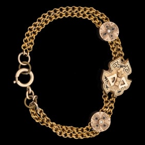 VICTORIAN / ANTIQUE GOLD ASSEMBLED ENAMELED SLIDE CHARM BRACELET