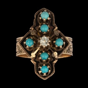 VICTORIAN / ANTIQUE 14K ROSE GOLD, DIAMOND, TURQUOISE-TYPE, AND ENAMEL LADY'S RING