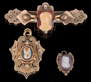 VICTORIAN / ANTIQUE 10K AND 14K YELLOW GOLD AND GOLD-FILLED WITH ENAMEL AND CARVED STONE CAMEO