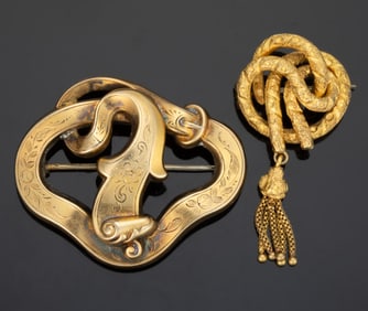 VICTORIAN / ANTIQUE 14K YELLOW GOLD BROOCHES, LOT OF TWO
