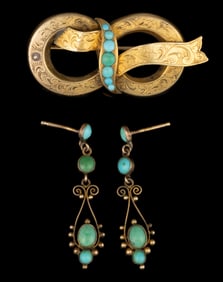 VICTORIAN / ANTIQUE 9K AND 14K YELLOW GOLD AND TURQUOISE-TYPE JEWELRY, LOT OF THREE PIECES