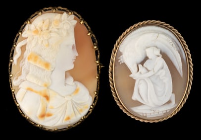 VICTORIAN / ANTIQUE 10K AND 14K YELLOW GOLD AND CARVED SHELL CAMEO BROOCHES, LOT OF TWO