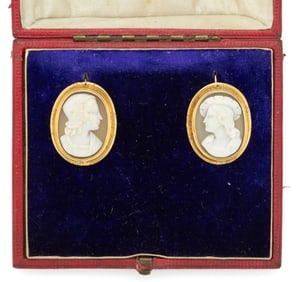 GEORGIAN / VICTORIAN 14K YELLOW GOLD AND CARVED SHELL CAMEO EARRINGS, PAIR