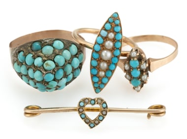 VICTORIAN / ANTIQUE 9K TO 14K ROSE GOLD AND TURQUOISE / TURQUOISE-TYPE JEWELRY, LOT OF FOUR
