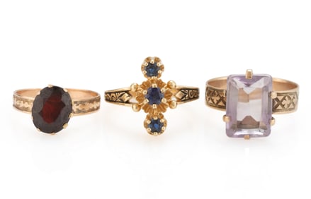VICTORIAN / ANTIQUE, OR ANTIQUE-STYLE, 10K AND 14K GOLD AND STONE RINGS, LOT OF THREE