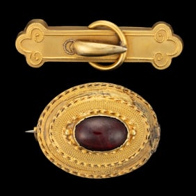 VICTORIAN / ANTIQUE 10K-14K AND 14K YELLOW GOLD BROOCHES, LOT OF TWO