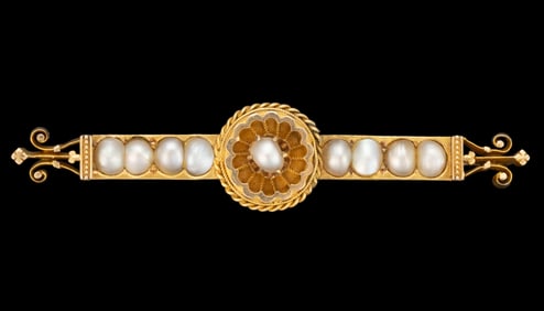 VICTORIAN / ANTIQUE 14K YELLOW GOLD AND PEARL BAR PIN / BROOCH