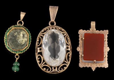 VICTORIAN / ANTIQUE 8K ROSE GOLD AND OTHER STONE PENDANTS, LOT OF THREE