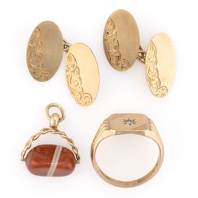 ANTIQUE / VINTAGE BRITISH 9K YELLOW AND ROSE GOLD MEN'S JEWELRY, LOT OF FOUR PIECES