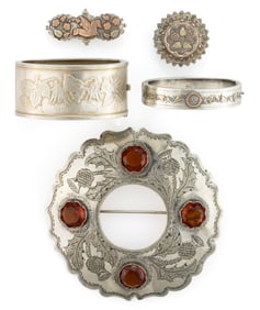 BRITISH VICTORIAN STERLING AND OTHER ANTIQUE SILVER JEWELRY, LOT OF FIVE