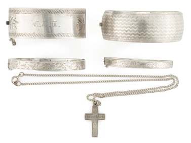 ANTIQUE AND VINTAGE BRITISH AND OTHER ENGRAVED-DECORATED STERLING SILVER BRACELETS AND PENDANT, LOT