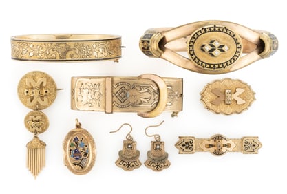 VICTORIAN / ANTIQUE GOLD-FILLED AND ENAMEL JEWELRY, LOT OF EIGHT PIECES