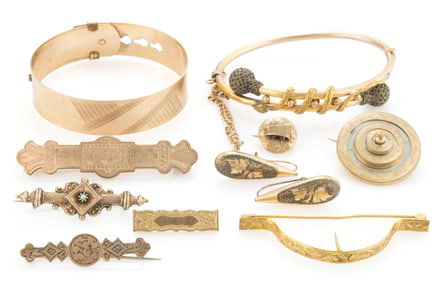 VICTORIAN / ANTIQUE GOLD-FILLED JEWELRY, LOT OF 11 PIECES